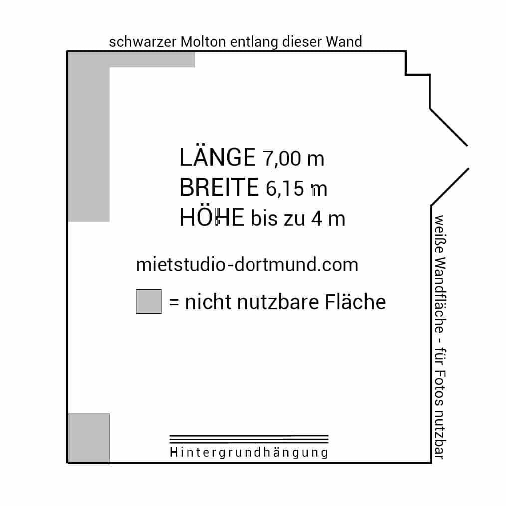 Gezeichneter Grundriß des Mietstudio Dortmund, 42 qm Fläche zur Nutzung